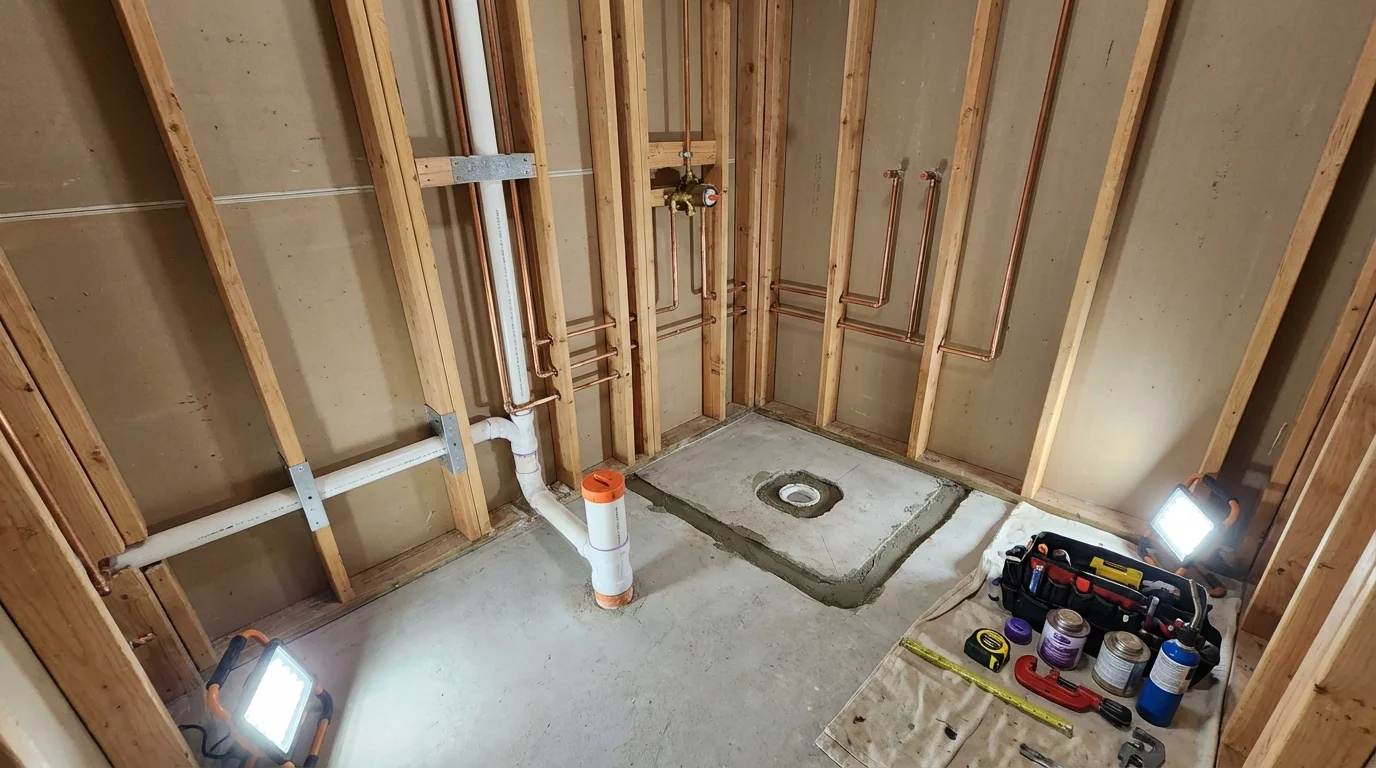 Bathroom rough-in plumbing during remodel by Johns Plumbing LLC in New Carlisle