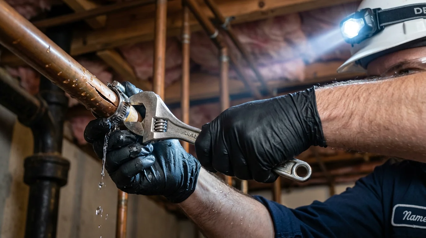 Emergency pipe clamp repair being performed by a Johns Plumbing LLC plumber in New Carlisle