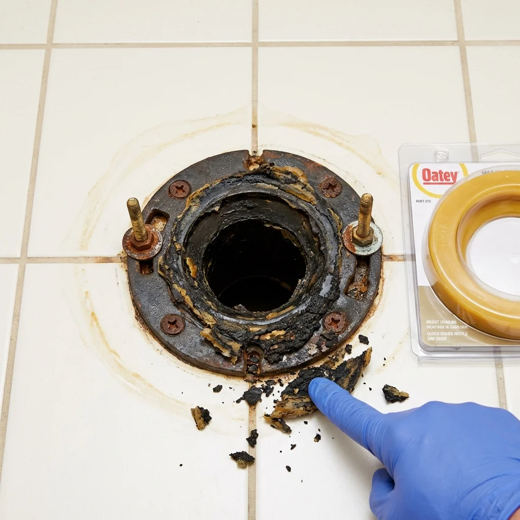 Failed wax ring showing water seepage at the base of a toilet in a New Carlisle, OH home