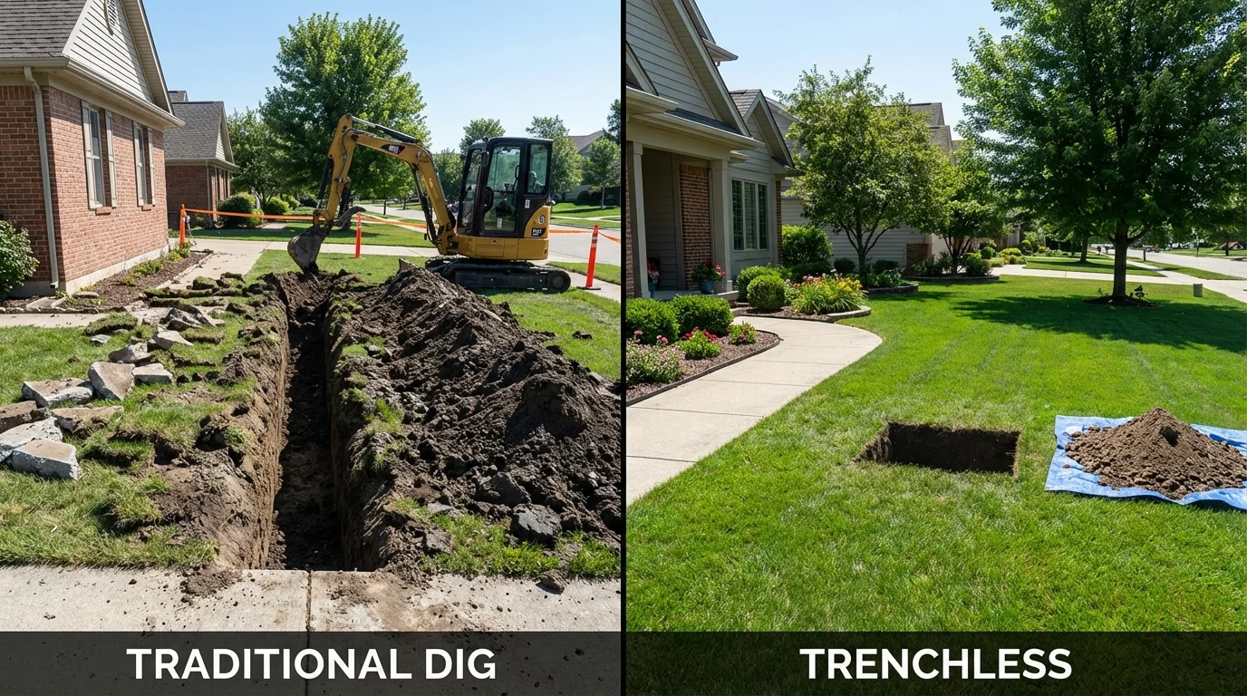Trenchless sewer repair with minimal yard damage versus traditional excavation in New Carlisle, OH