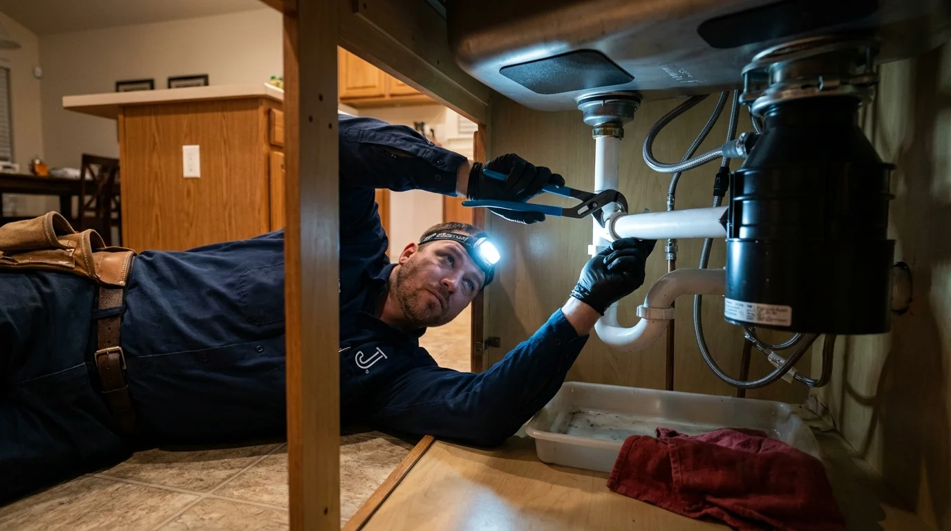 P-trap and supply line connections under a kitchen sink showing a common leak point in New Carlisle, OH